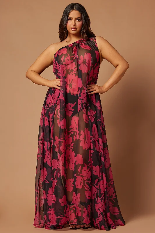 Rosalia Chiffon Kaftan Maxi Dress - Black/Pink