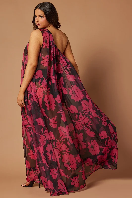 Rosalia Chiffon Kaftan Maxi Dress - Black/Pink