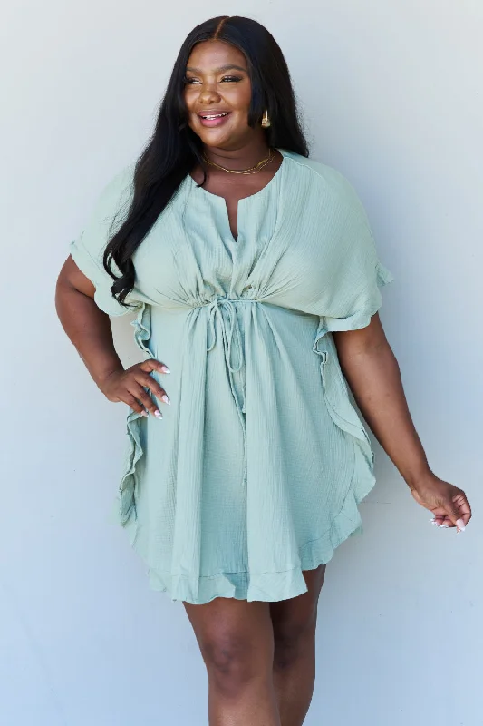 Ruffle Hem Short Dress with Drawstring Waistband in Light Sage