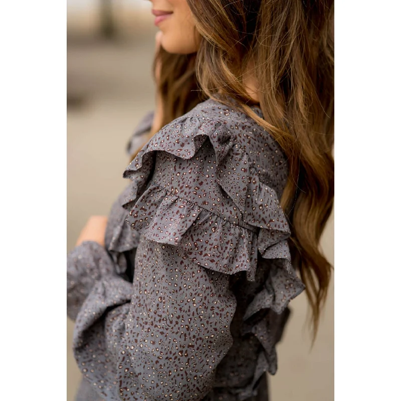 Ruffled Bodice Long Sleeve Patterned Dress