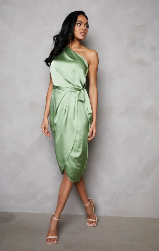 Sage One Shoulder Belted Satin Midi Dress- Elizabeth