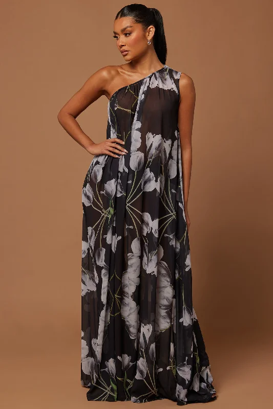 Seville Chiffon Kaftan Maxi Dress - Black/White