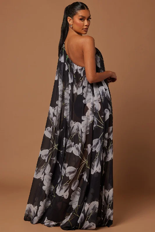 Seville Chiffon Kaftan Maxi Dress - Black/White