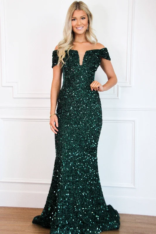 Stardust Sequin Off Shoulder Formal Dress: Emerald