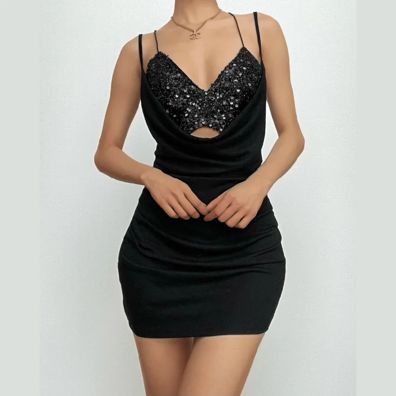 BerryBetty - Textured ruched v neck glitter cross back solid mini dress