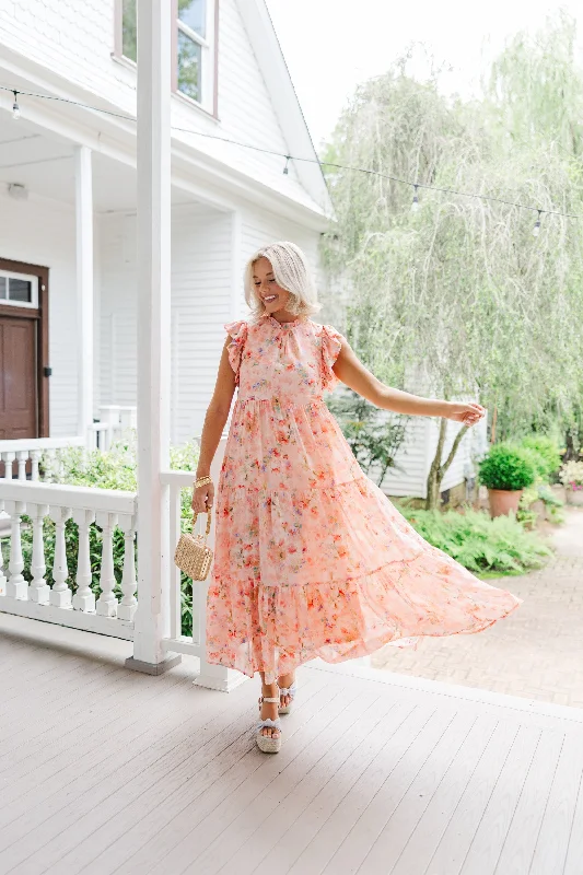 This Is The Way Coral Orange Ditsy Floral Midi Dress