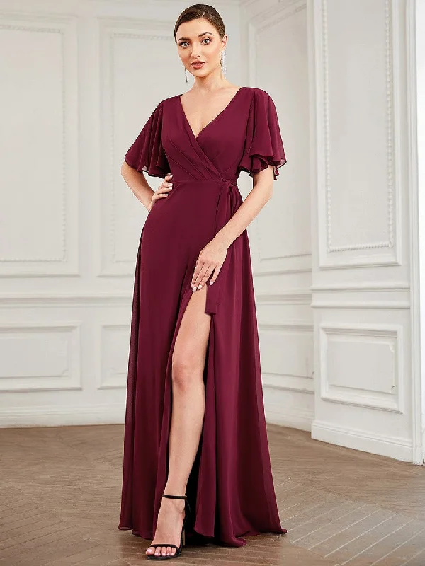 Tie Waist High Slit Flutter Sleeve Chiffon Evening Dress