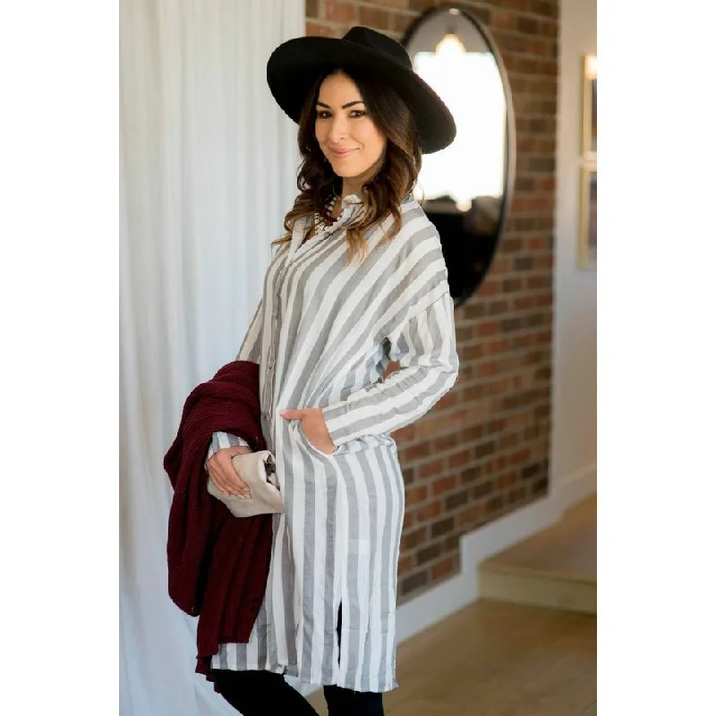 Vertical Striped Button Up Dress - Grey