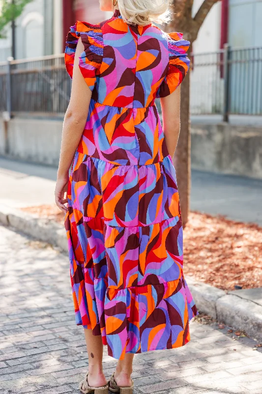 Whatever It Takes Orange Abstract Midi Dress