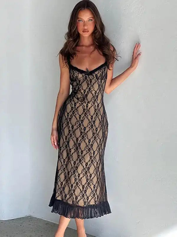 Women’s New Sexy Lace Detailed Chest Bow Sling Dress