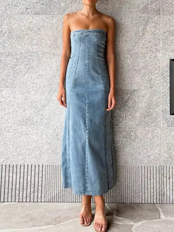 Women’s sexy hottie denim tube top dress tight slimming slit long skirt