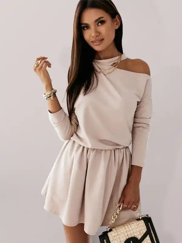 Women’s Solid Color Round Neck Off Shoulder Long Sleeve Dress